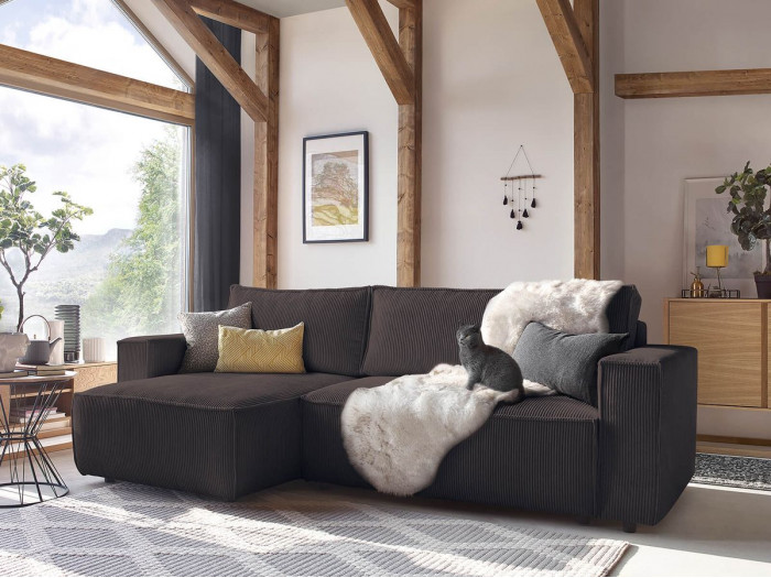 Canapé d'angle réversible convertible coffre NIHAD avec pouf