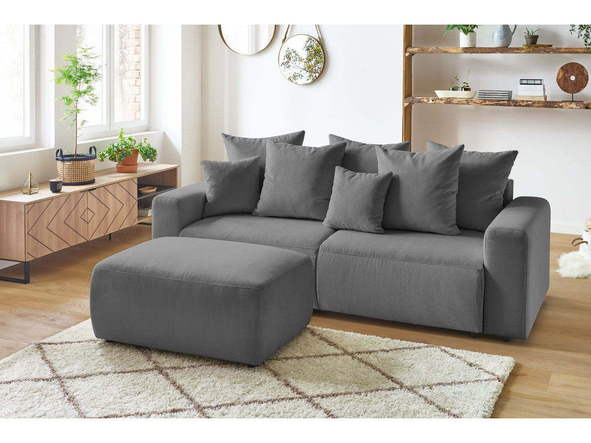 Canapé droit convertible coffre ENVY velours côtelé avec pouf