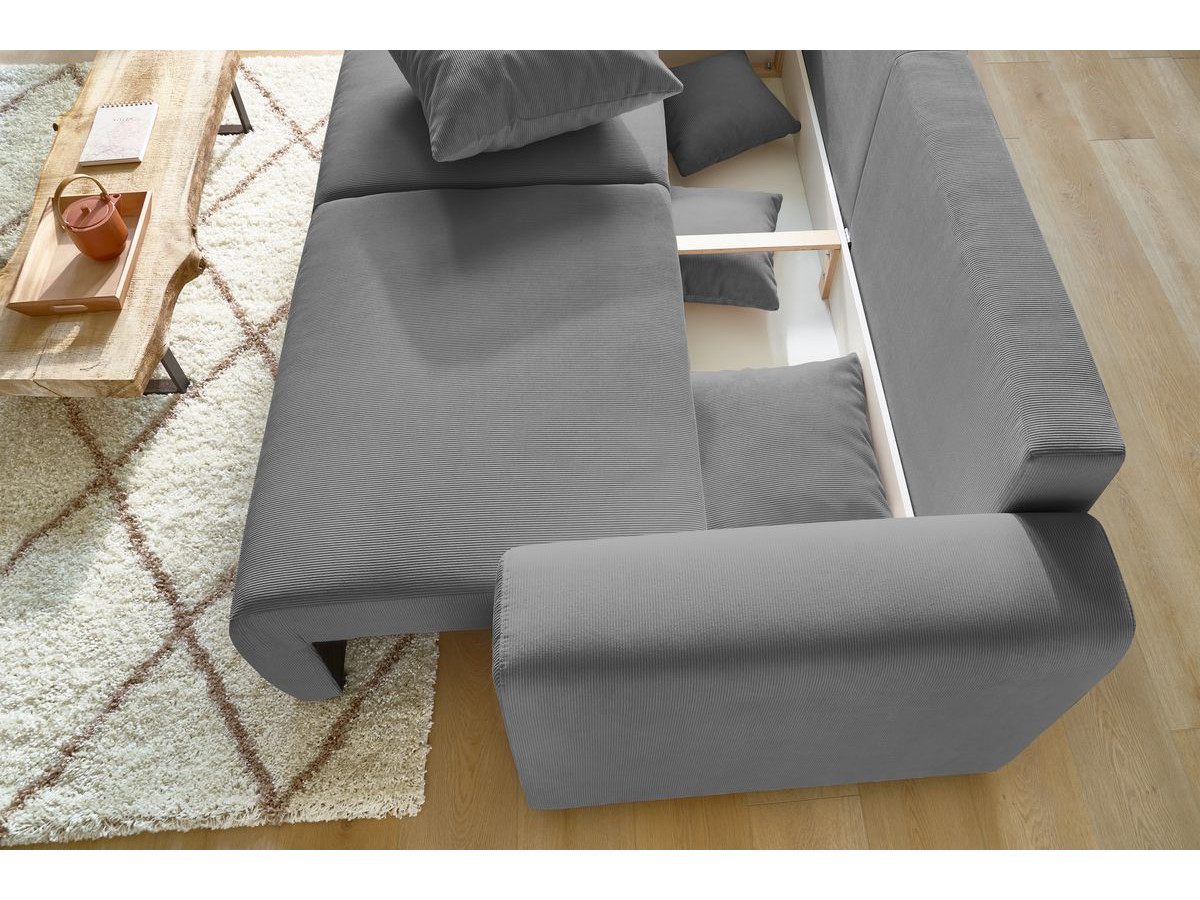 Canapé droit convertible coffre ENVY velours côtelé avec pouf