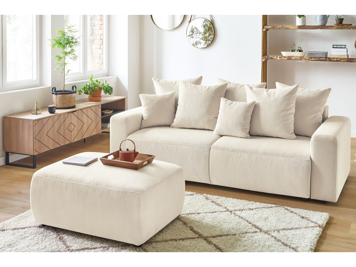 Canapé droit convertible coffre ENVY velours côtelé avec pouf