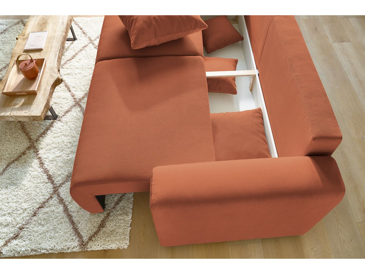 Canapé droit convertible coffre ENVY velours côtelé avec pouf orange — vue 6