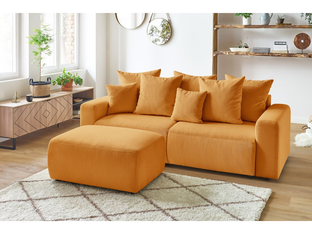 Canapé droit convertible coffre ENVY velours côtelé avec pouf