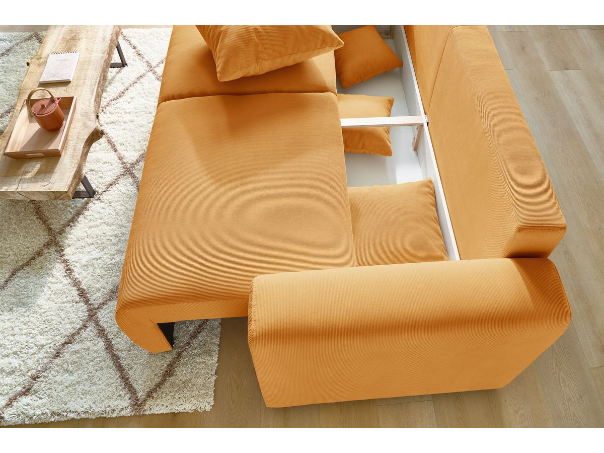 Canapé droit convertible coffre ENVY velours côtelé avec pouf jaune — vue 6