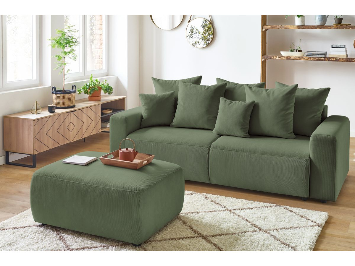 Canapé droit convertible coffre ENVY velours côtelé avec pouf