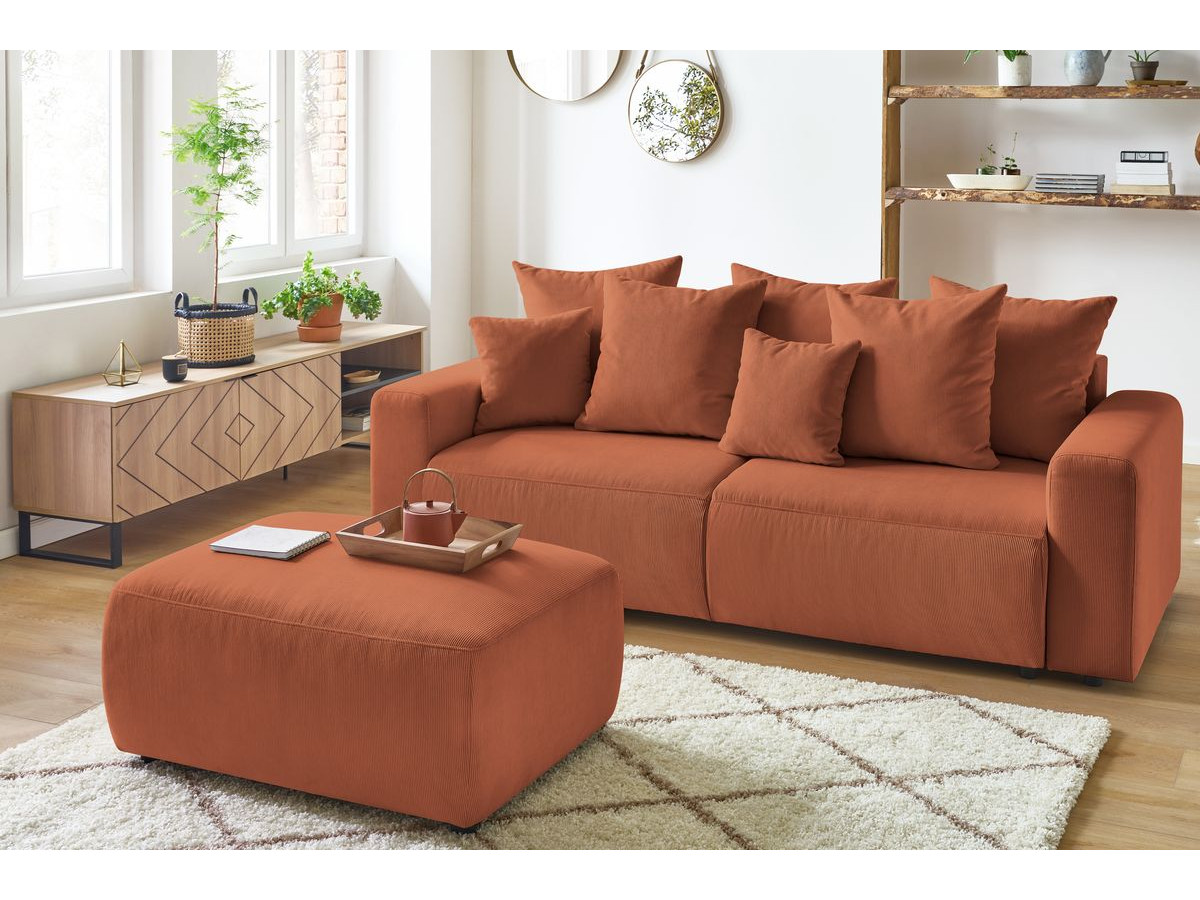 Canapé d'angle fixe EVEREST tissu chiné - Orange - Angle droit - 10 coussins