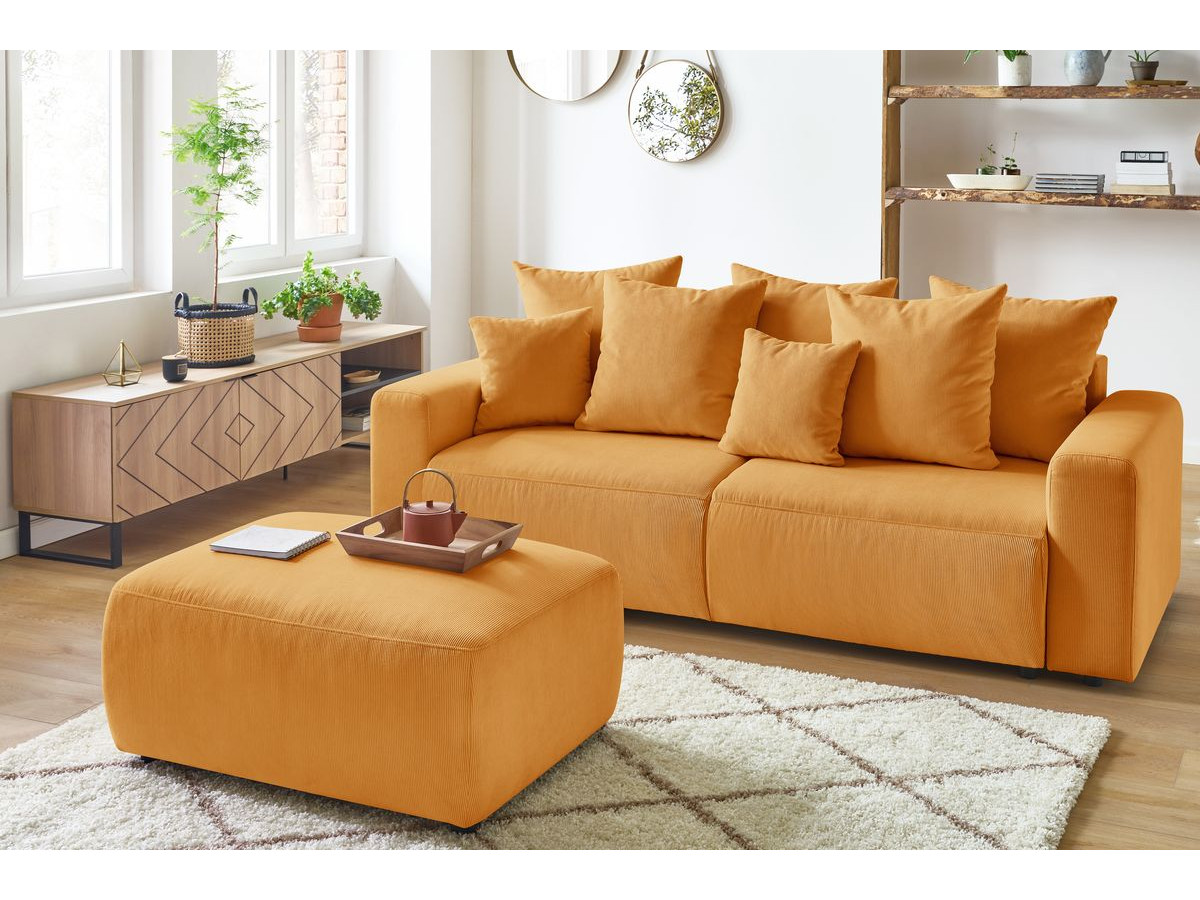 Canapé d'angle fixe EVEREST tissu chiné - Orange - Angle droit - 10 coussins