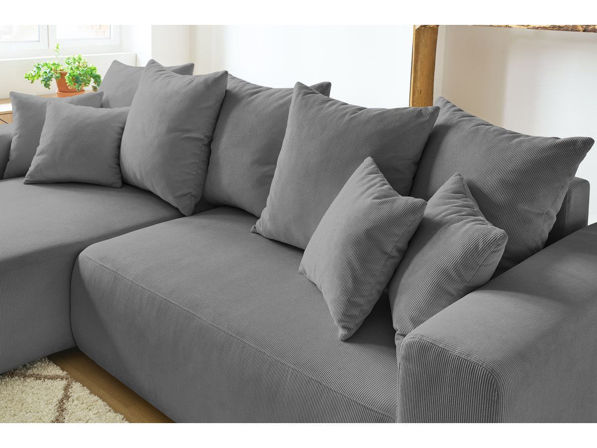 Canapé d'angle réversible convertible coffre ENVY velours côtelé avec pouf