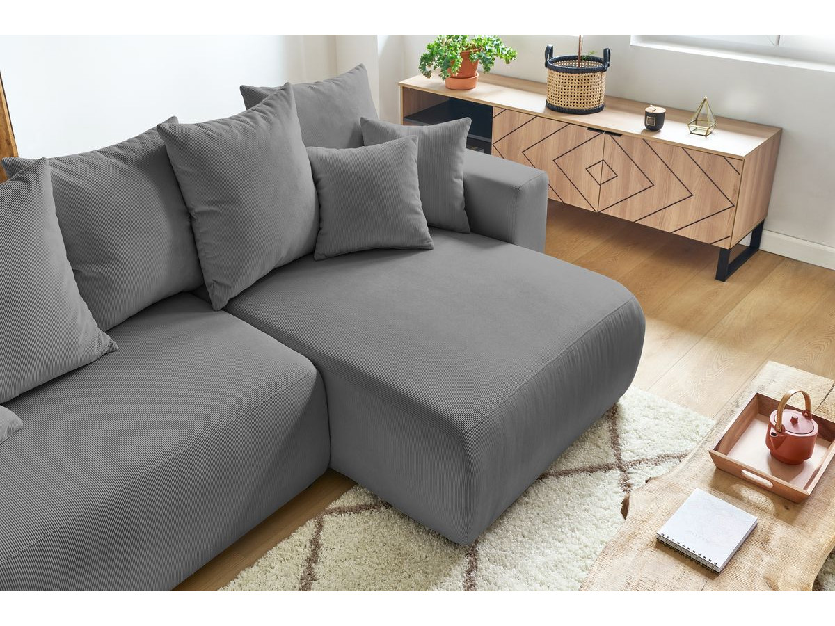 Canapé d'angle réversible convertible coffre ENVY velours côtelé avec pouf