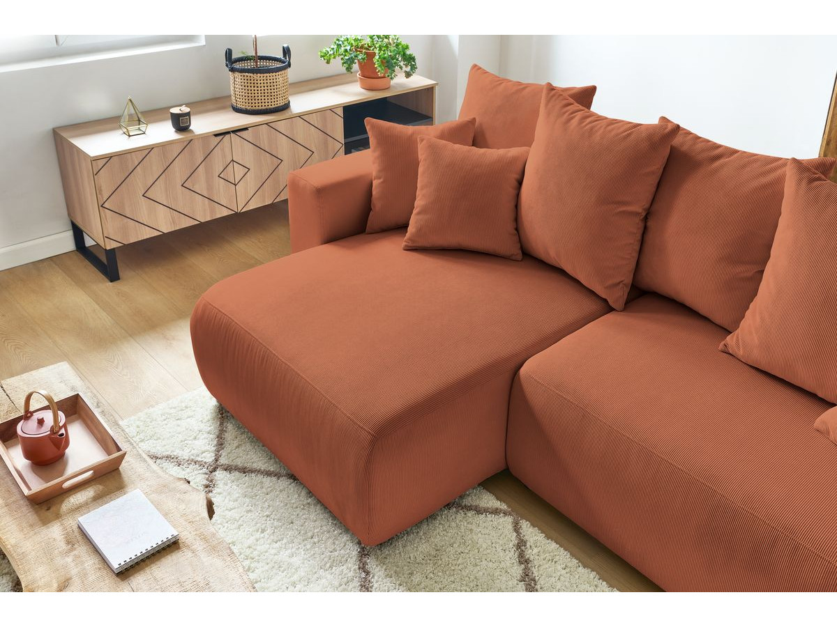 Canapé d'angle fixe EVEREST tissu chiné - Orange - Angle droit - 10 coussins