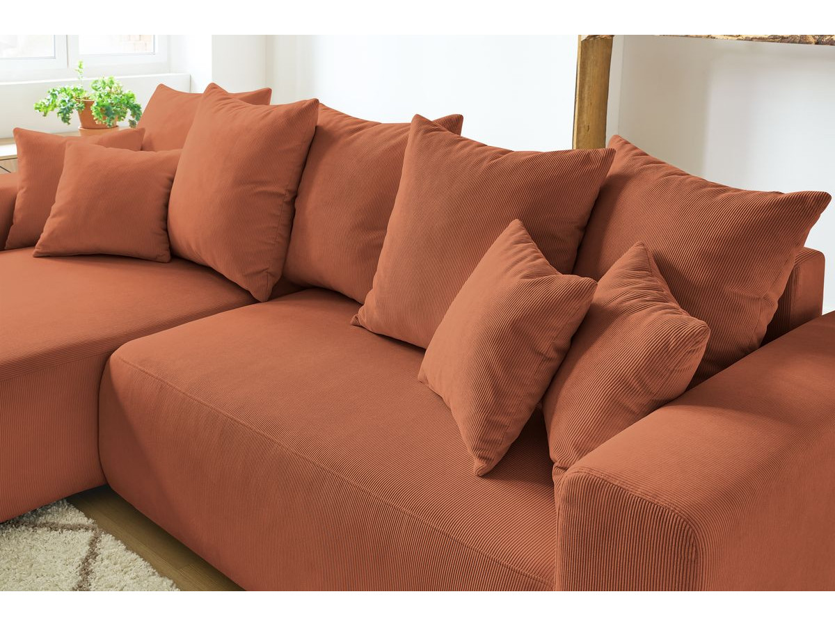 Canapé d'angle fixe EVEREST tissu chiné - Orange - Angle droit - 10 coussins