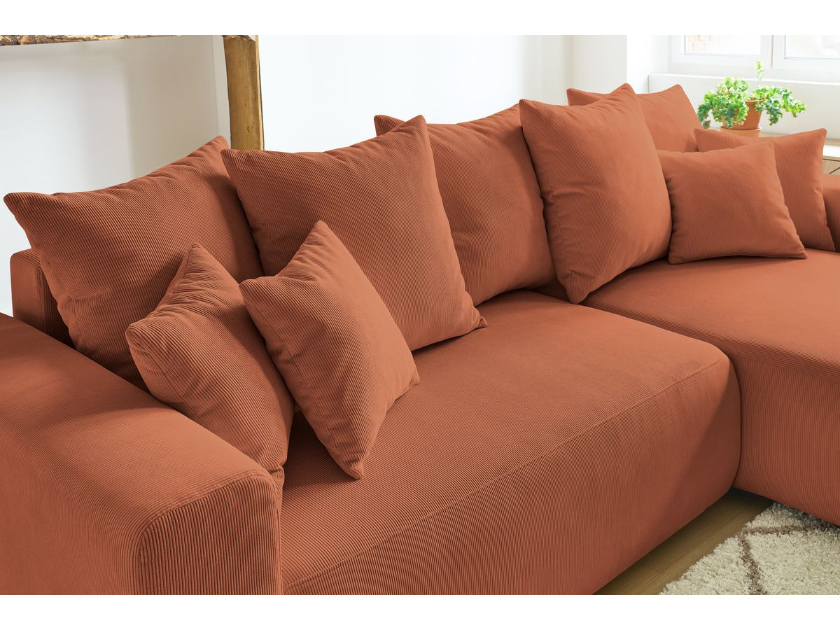 Canapé d'angle fixe EVEREST tissu chiné - Orange - Angle droit - 10 coussins