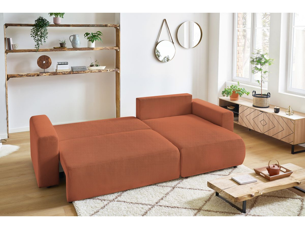 Canapé d'angle fixe EVEREST tissu chiné - Orange - Angle droit - 10 coussins