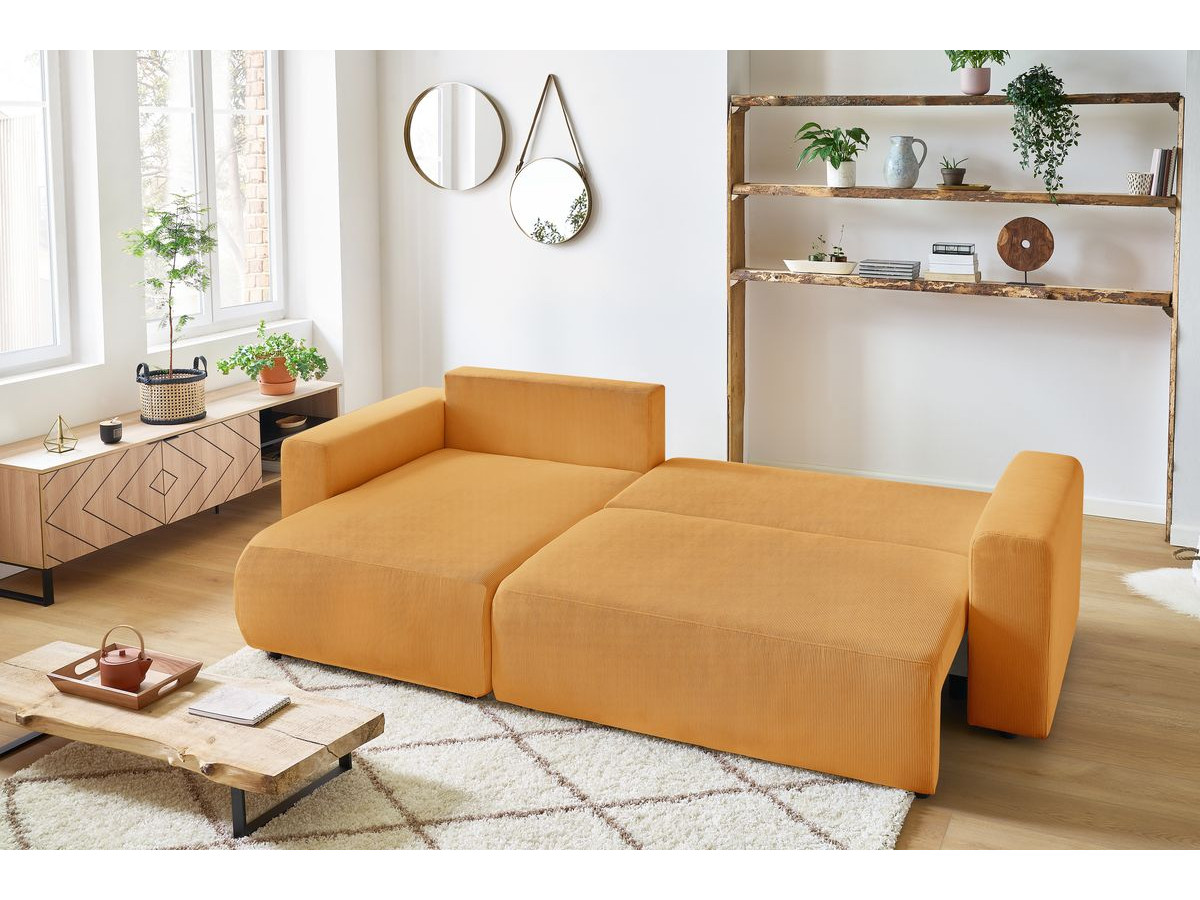 Canapé d'angle réversible convertible coffre ENVY velours côtelé avec pouf jaune — vue 5