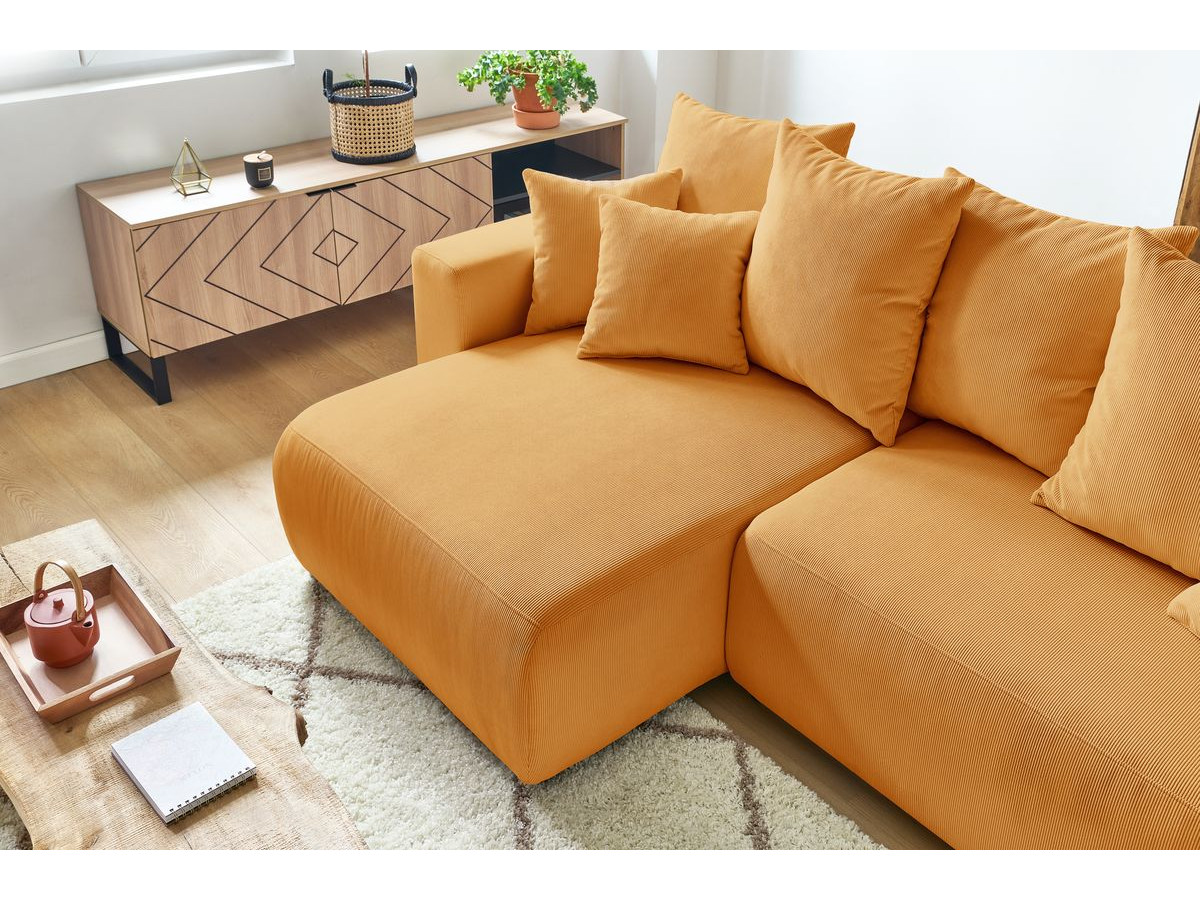 Canapé d'angle fixe EVEREST tissu chiné - Orange - Angle droit - 10 coussins