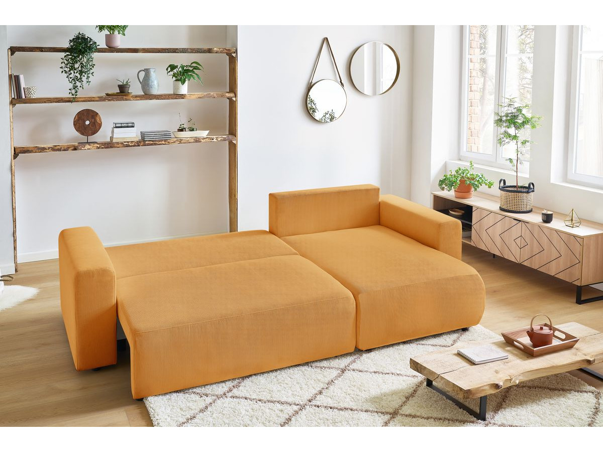 Canapé d'angle fixe EVEREST tissu chiné - Orange - Angle droit - 10 coussins
