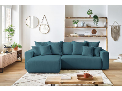 Canapé d'angle réversible convertible coffre ENVY velours côtelé avec pouf