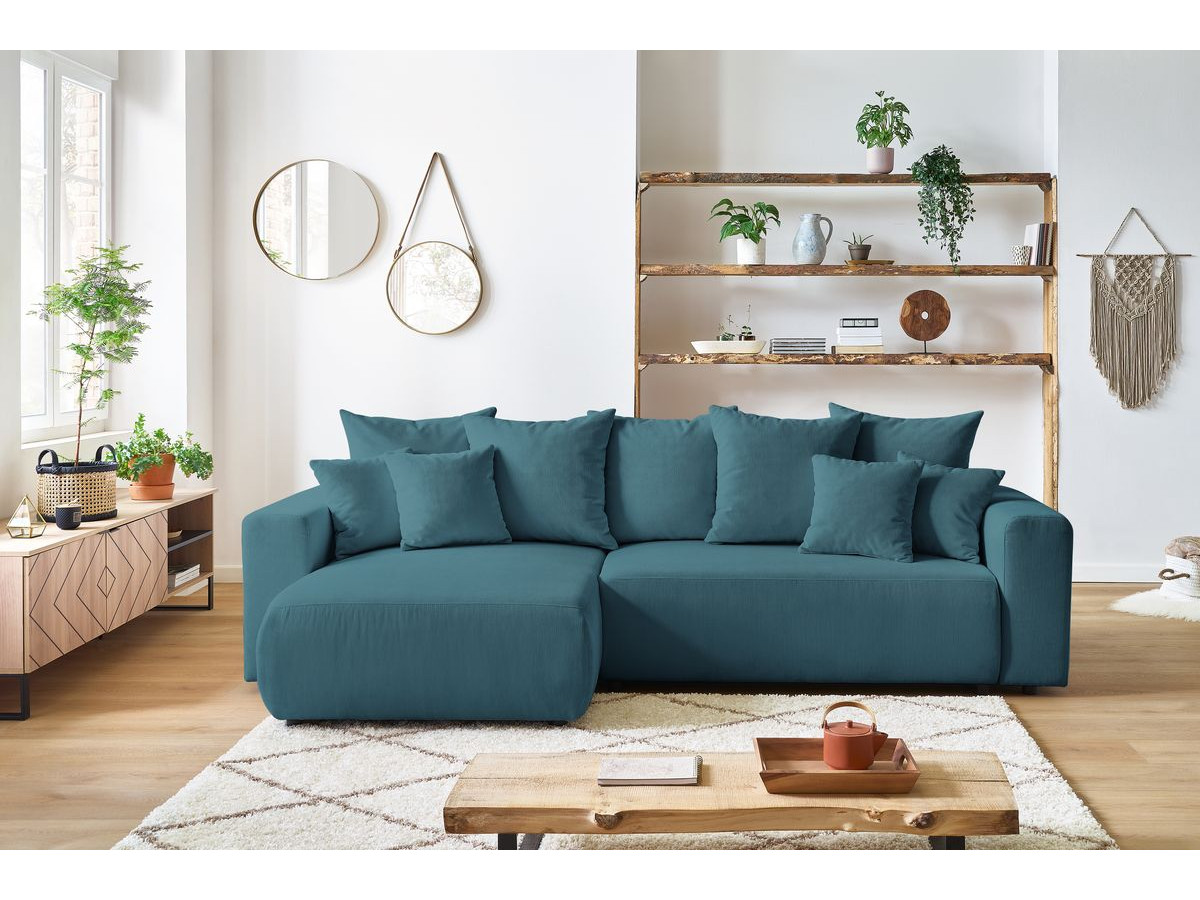Canapé d'angle réversible convertible coffre ENVY velours côtelé avec pouf