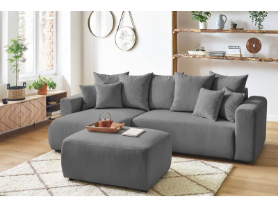 Canapé d'angle réversible convertible coffre ENVY velours côtelé avec pouf