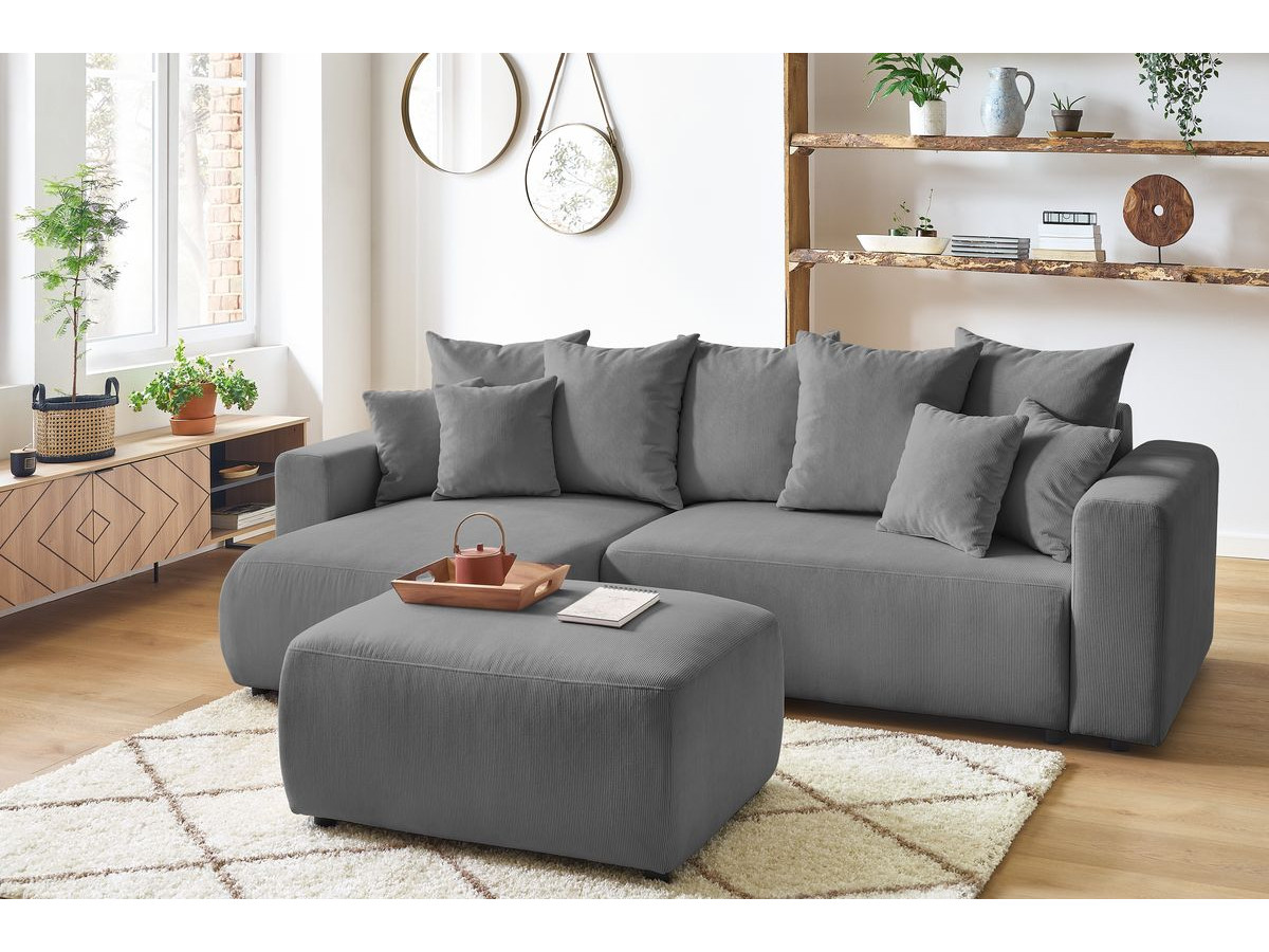Canapé d'angle réversible convertible coffre ENVY velours côtelé avec pouf