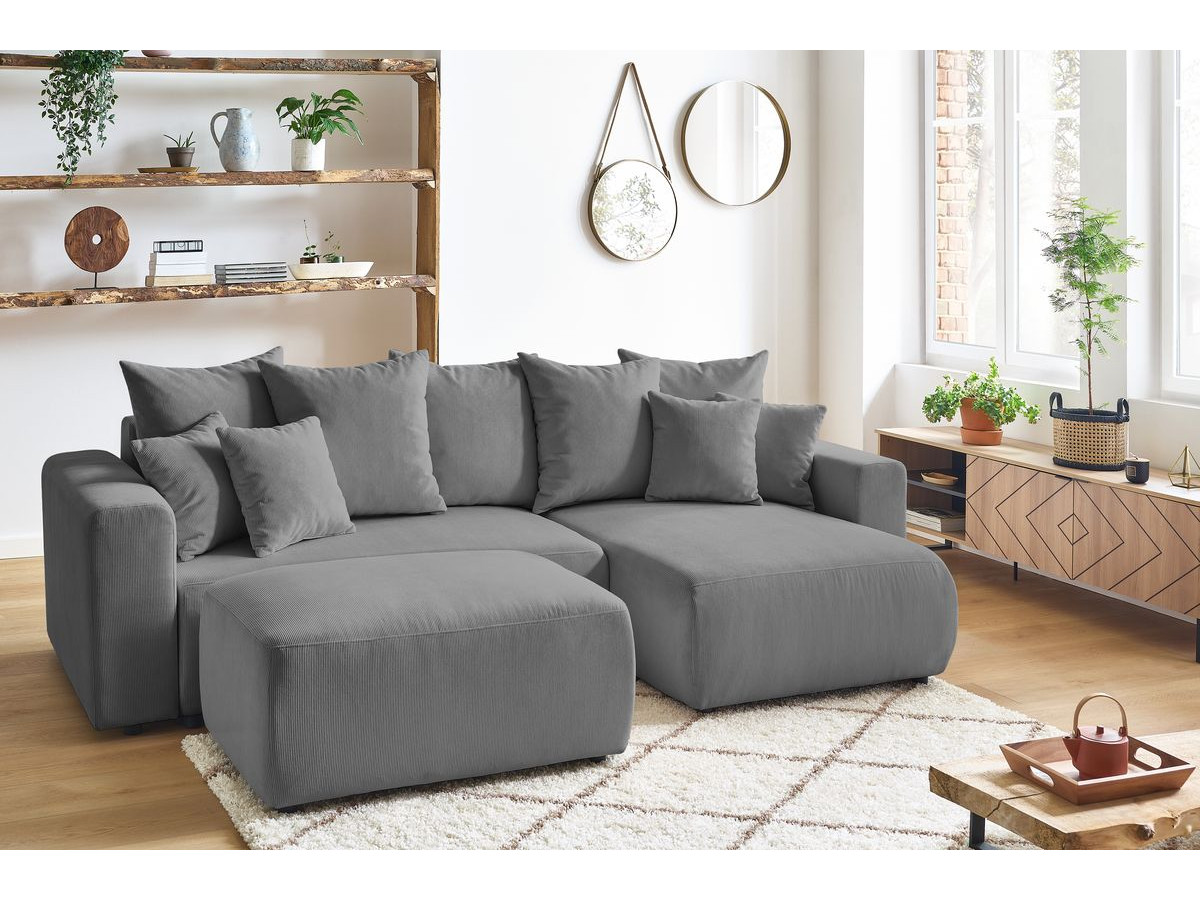 Canapé d'angle réversible convertible coffre ENVY velours côtelé avec pouf
