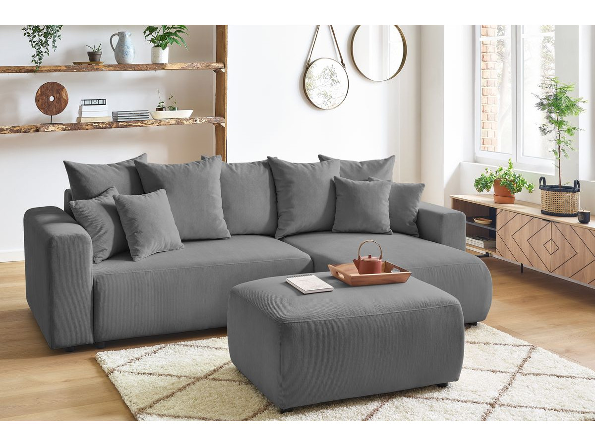 Canapé d'angle réversible convertible coffre ENVY velours côtelé avec pouf