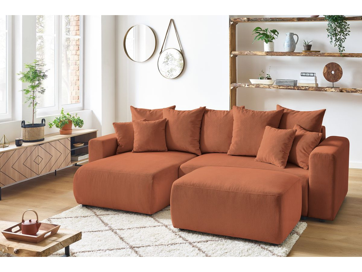 Canapé d'angle fixe EVEREST tissu chiné - Orange - Angle droit - 10 coussins