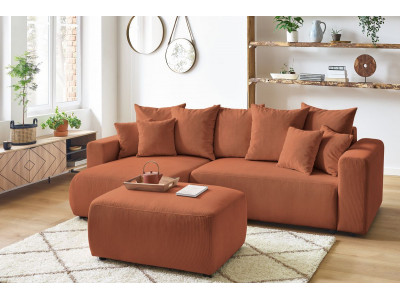 Canapé d'angle réversible convertible coffre ENVY velours côtelé avec pouf