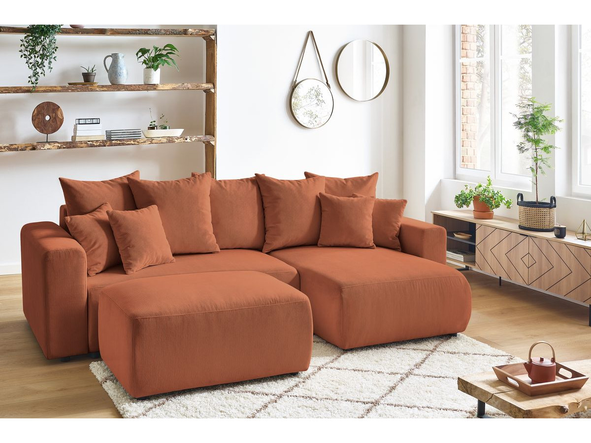 Canapé d'angle fixe EVEREST tissu chiné - Orange - Angle droit - 10 coussins