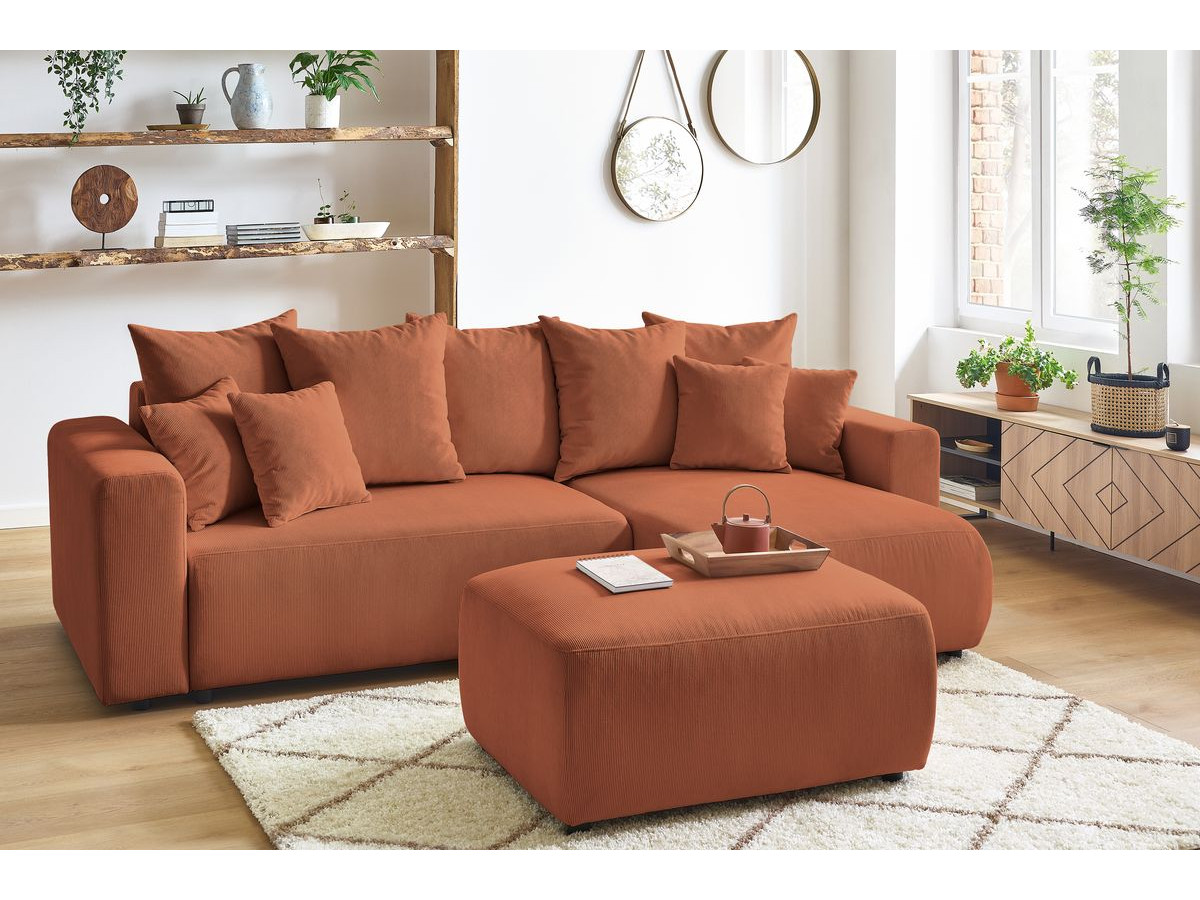 Canapé d'angle fixe EVEREST tissu chiné - Orange - Angle droit - 10 coussins