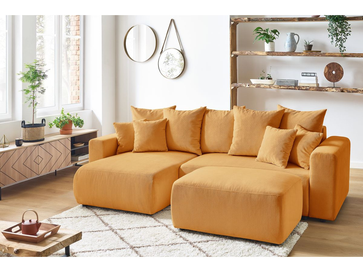 Canapé d'angle fixe EVEREST tissu chiné - Orange - Angle droit - 10 coussins