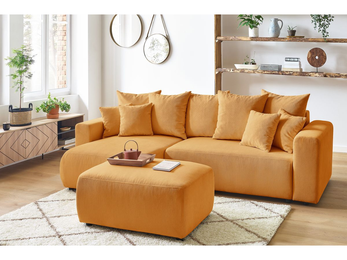 Canapé d'angle fixe EVEREST tissu chiné - Orange - Angle droit - 10 coussins