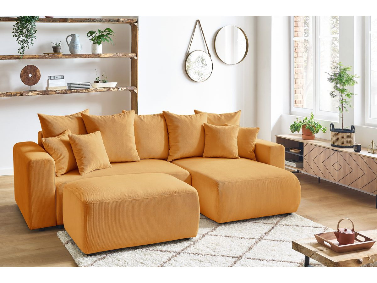 Canapé d'angle fixe EVEREST tissu chiné - Orange - Angle droit - 10 coussins