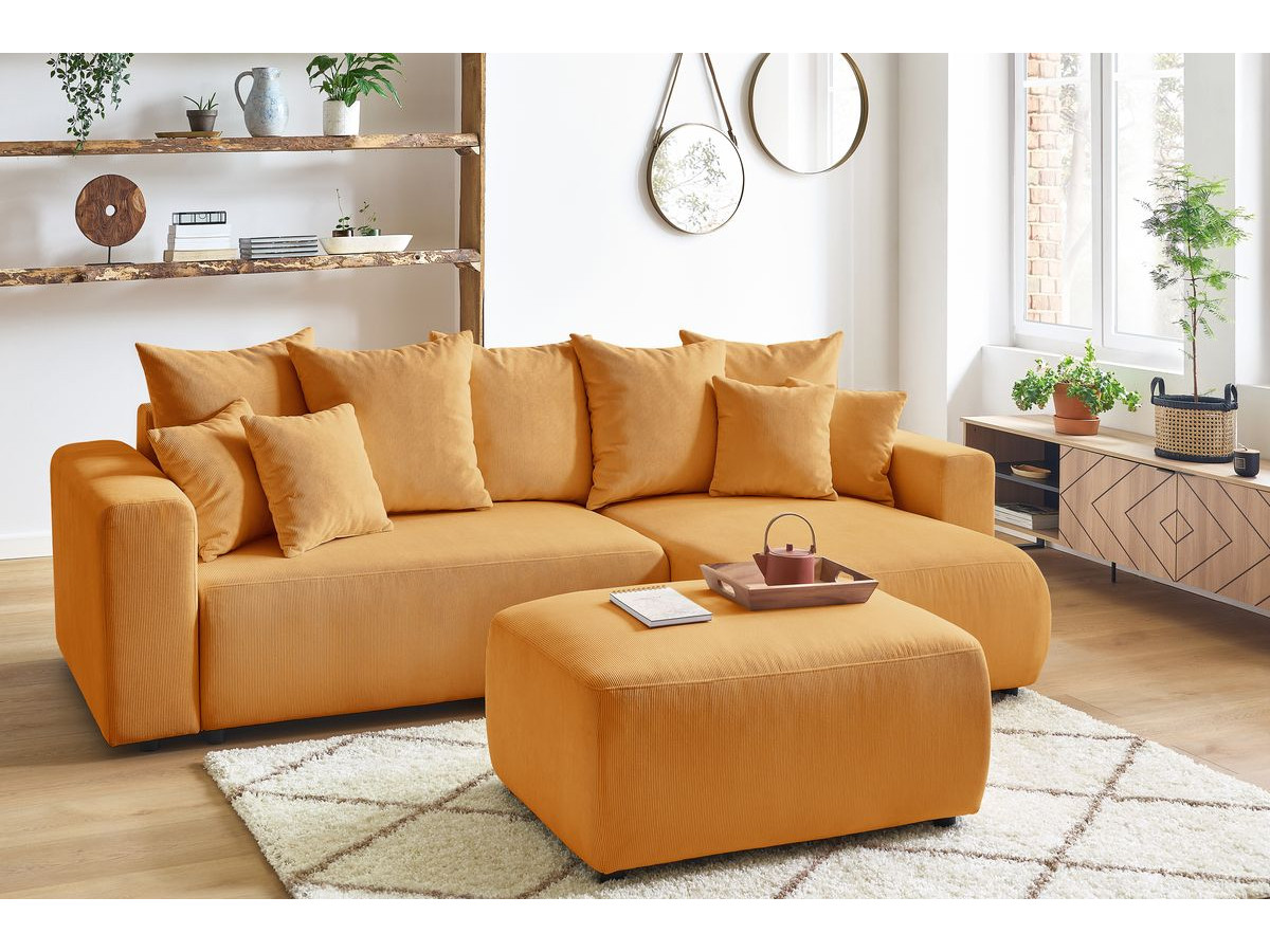 Canapé d'angle fixe EVEREST tissu chiné - Orange - Angle droit - 10 coussins