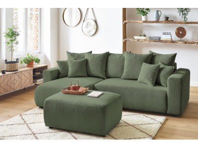 Canapé d'angle réversible convertible coffre ENVY velours côtelé avec pouf