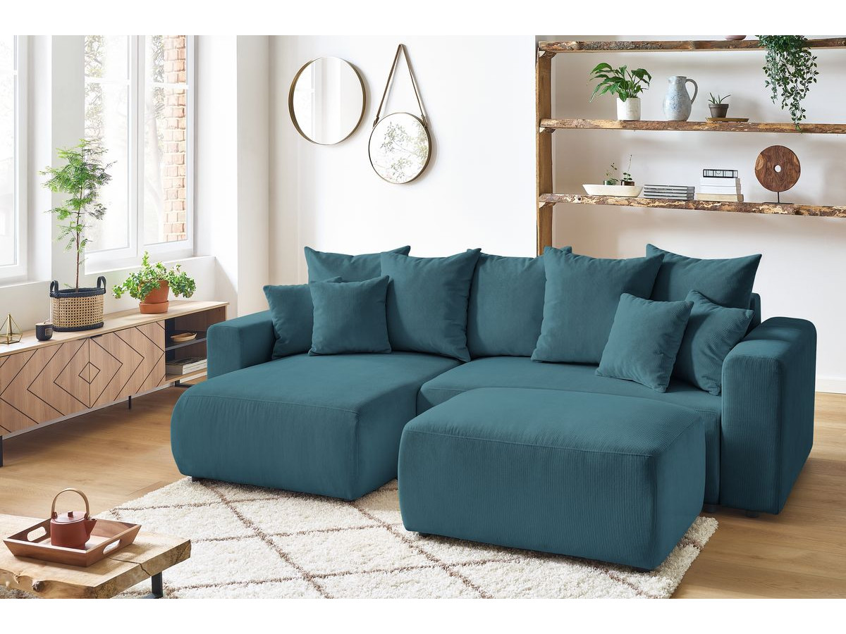 Canapé d'angle réversible convertible coffre ENVY velours côtelé avec pouf