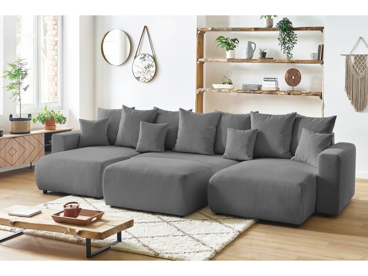 Canapé panoramique convertible coffre ENVY Velours côtelé avec pouf gris foncé — vue 5