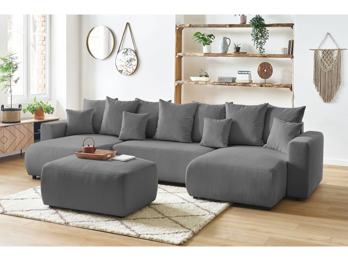 Canapé panoramique convertible coffre ENVY Velours côtelé avec pouf