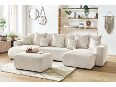 Canapé panoramique convertible coffre ENVY Velours côtelé avec pouf