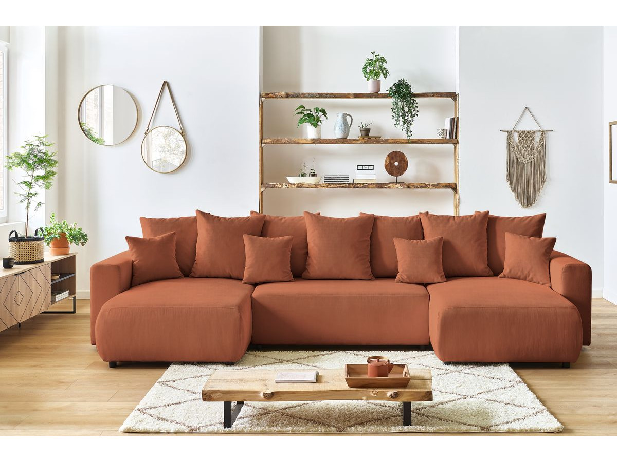 Canapé panoramique convertible coffre ENVY Velours côtelé avec pouf