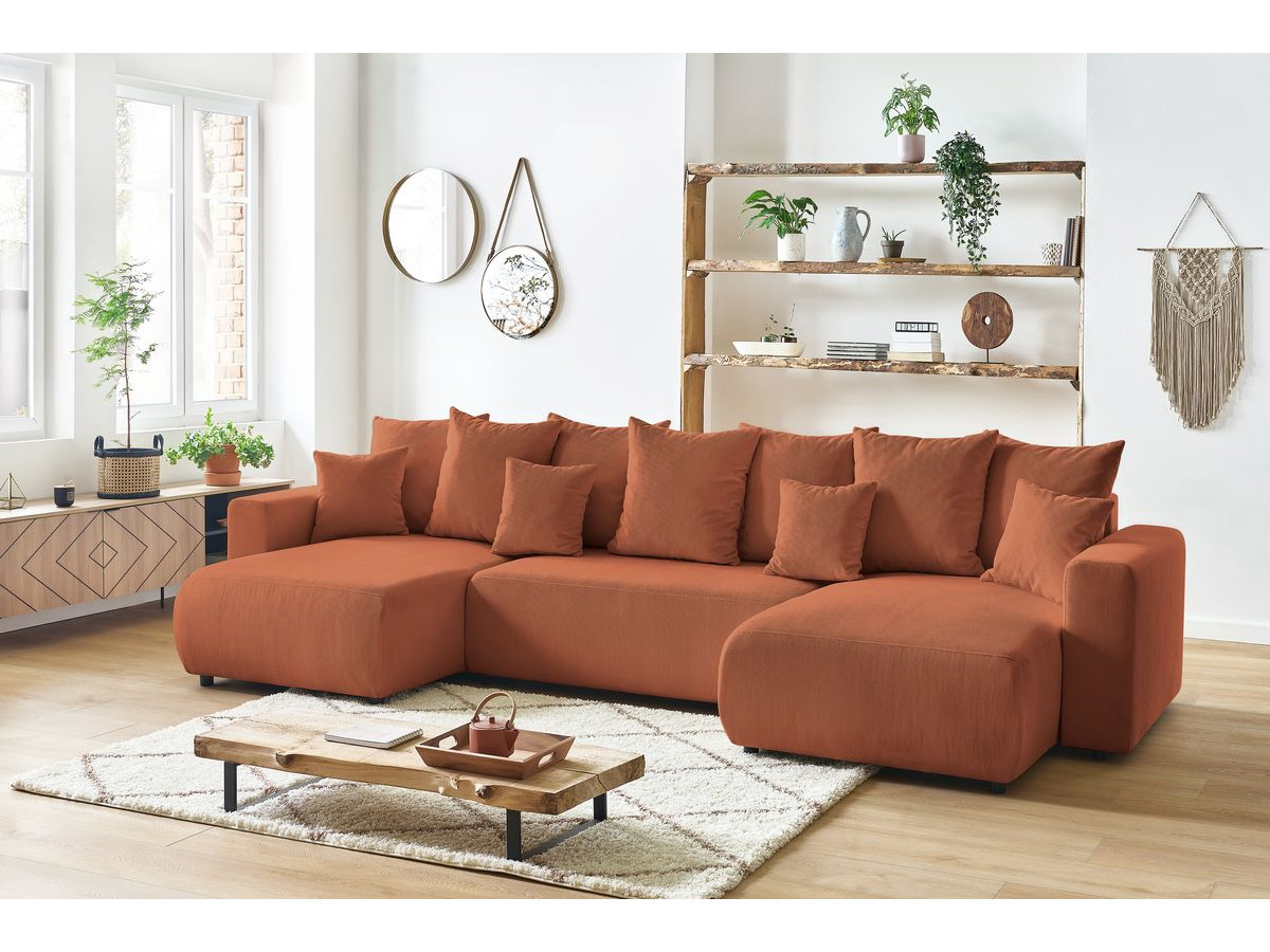 Canapé panoramique convertible coffre ENVY Velours côtelé avec pouf orange — vue 5