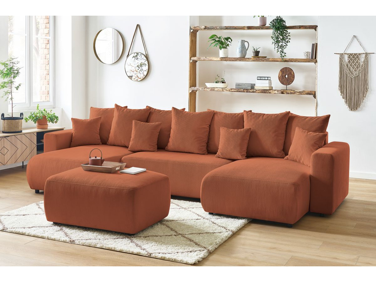 Canapé panoramique convertible coffre ENVY Velours côtelé avec pouf
