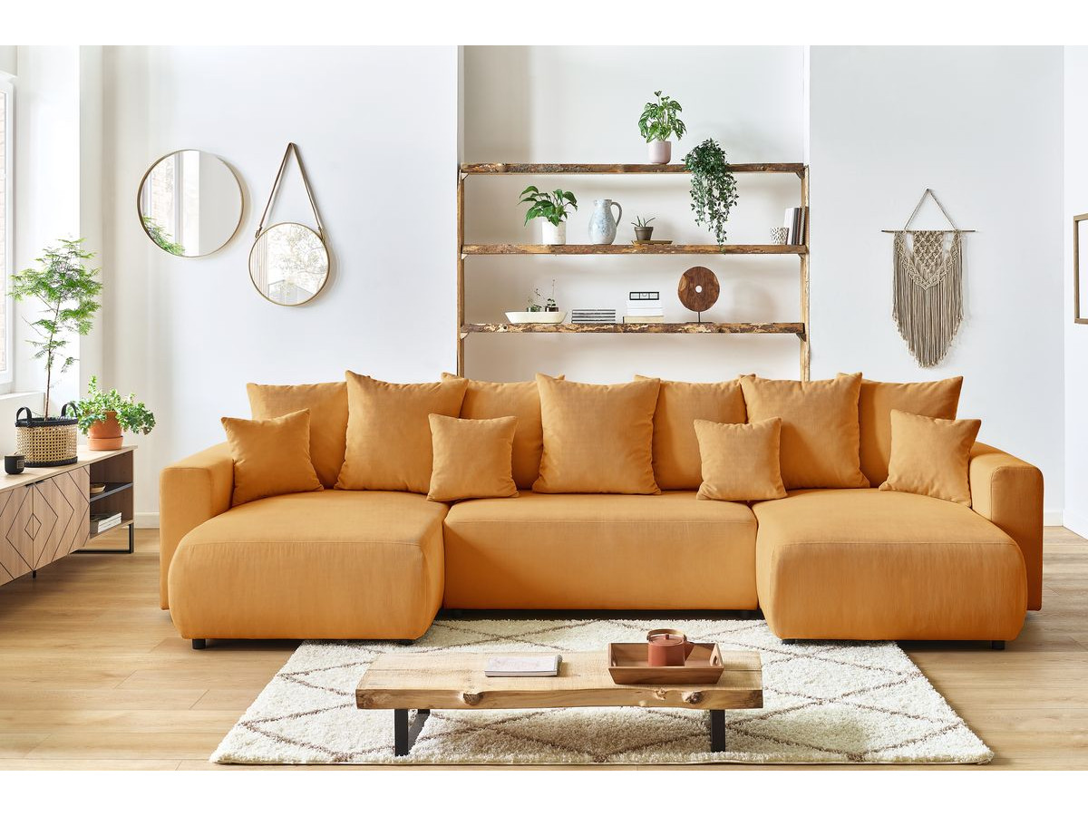 Canapé d'angle fixe EVEREST tissu chiné - Orange - Angle droit - 10 coussins
