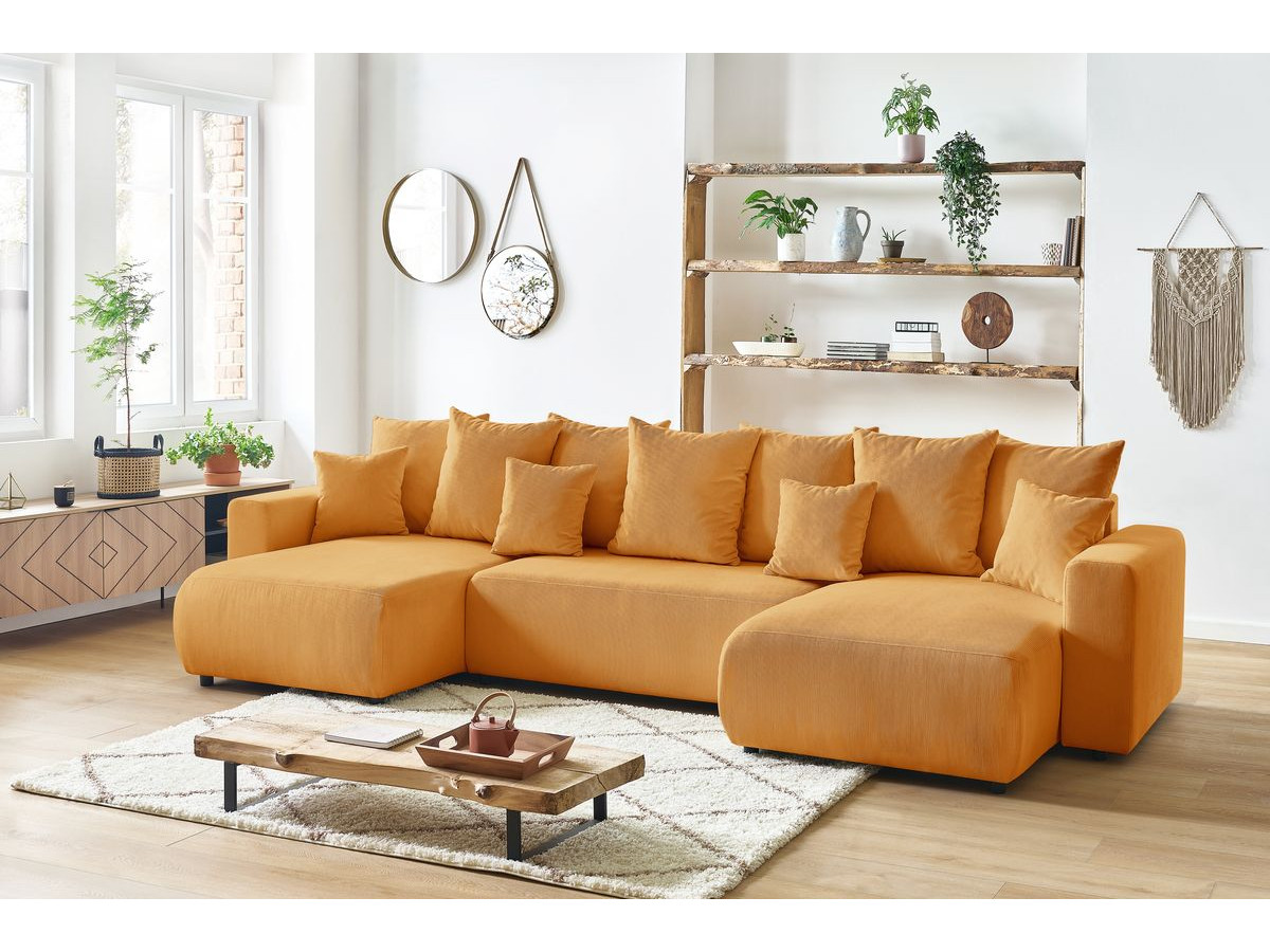 Canapé panoramique convertible coffre ENVY Velours côtelé avec pouf jaune — vue 5