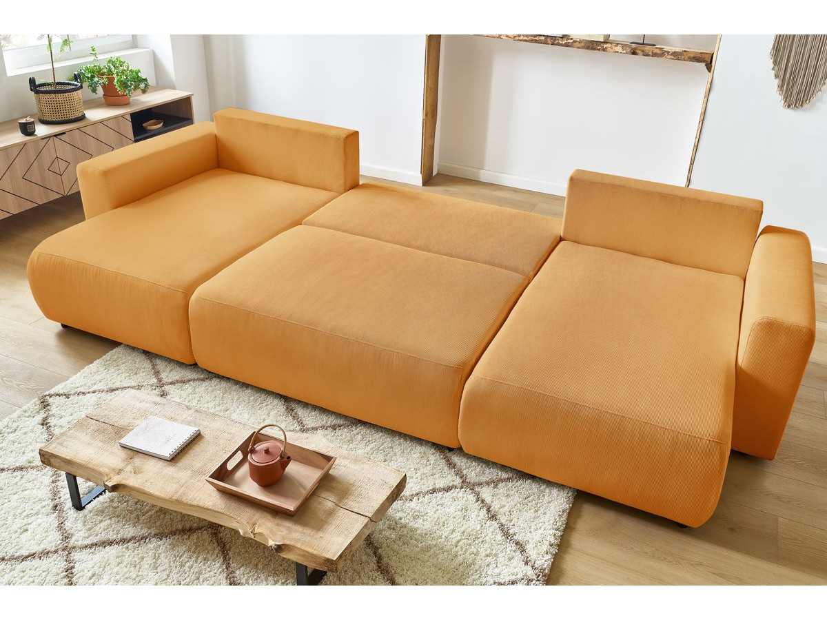 Canapé d'angle fixe EVEREST tissu chiné - Orange - Angle droit - 10 coussins