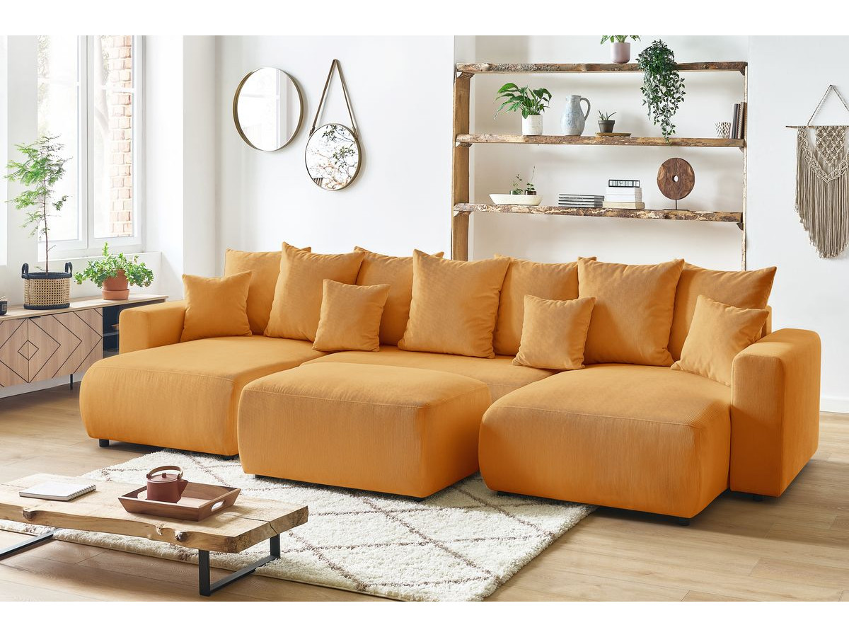 Canapé d'angle fixe EVEREST tissu chiné - Orange - Angle droit - 10 coussins