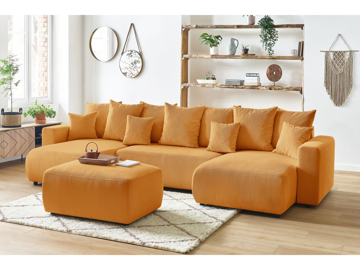 Canapé d'angle fixe EVEREST tissu chiné - Orange - Angle droit - 10 coussins