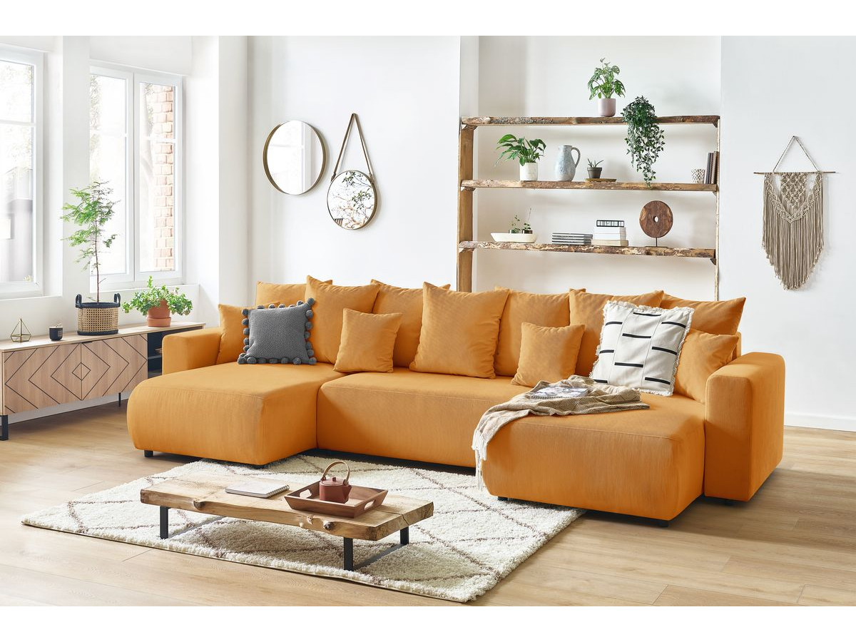 Canapé d'angle fixe EVEREST tissu chiné - Orange - Angle droit - 10 coussins