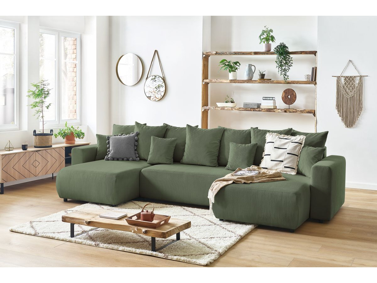 Canapé panoramique convertible coffre ENVY Velours côtelé avec pouf