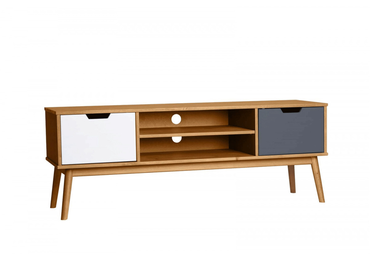 Meuble TV 140 cm ALMA Bois clair, Blanc et Gris