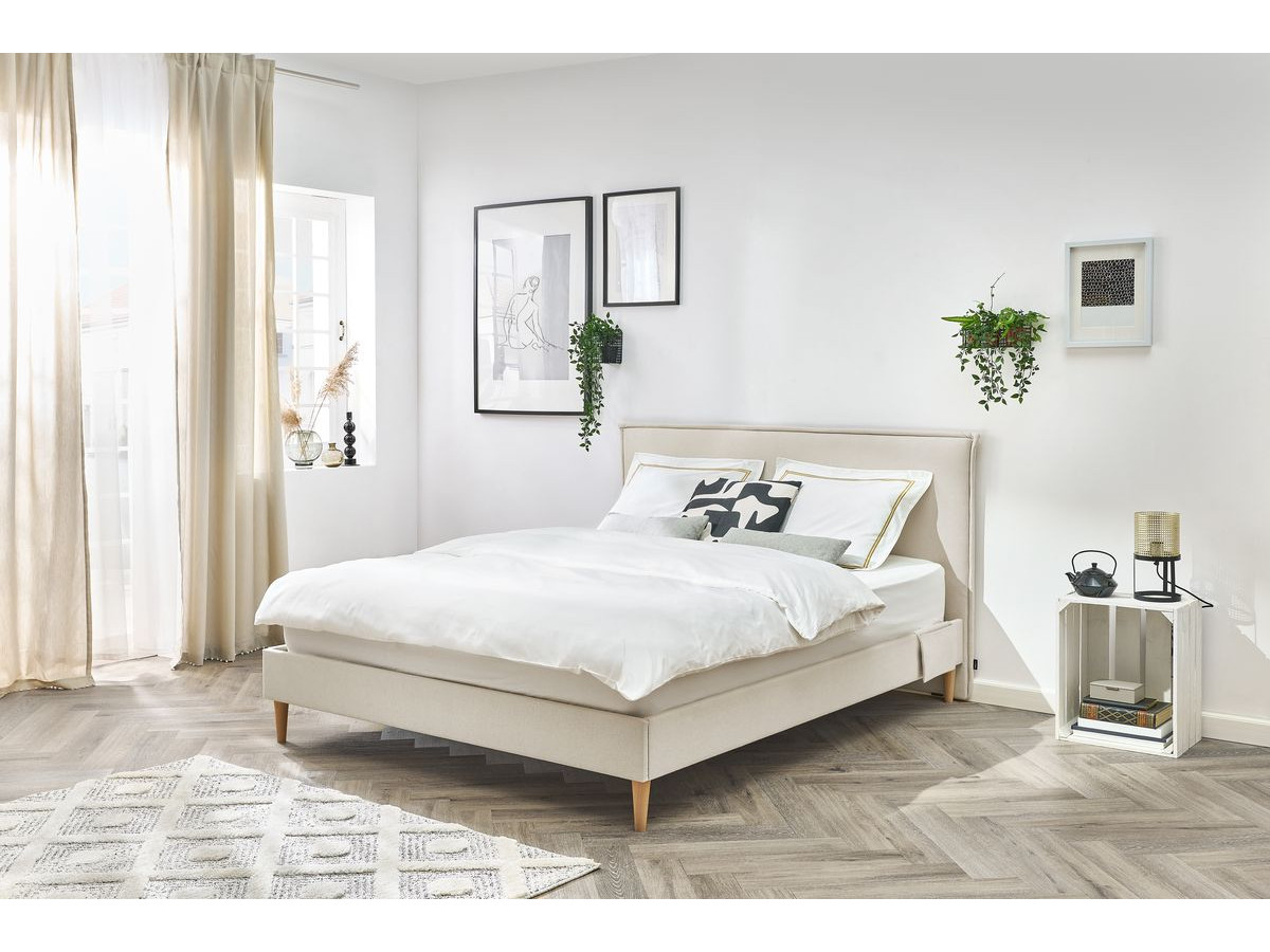 Lit 160x190 cm SARY avec pochettes et lattes massives pieds en bois naturel